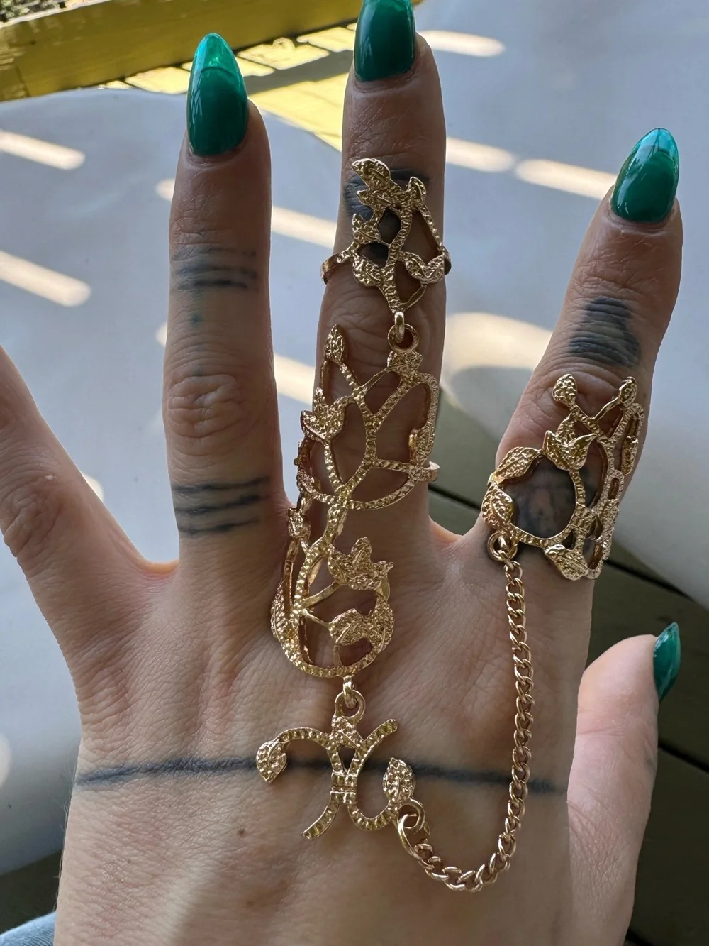 Gold Leaf Hand Chain Double Ring